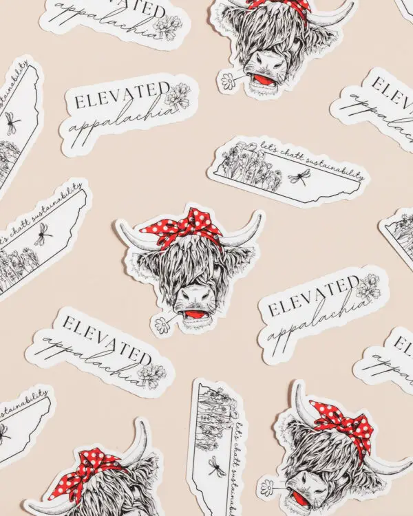 Chelsea Chatts Sticker Bundle: Elevated Appalachia, Let's Chatt Sustainability, Highland Cow with red polka dot bow