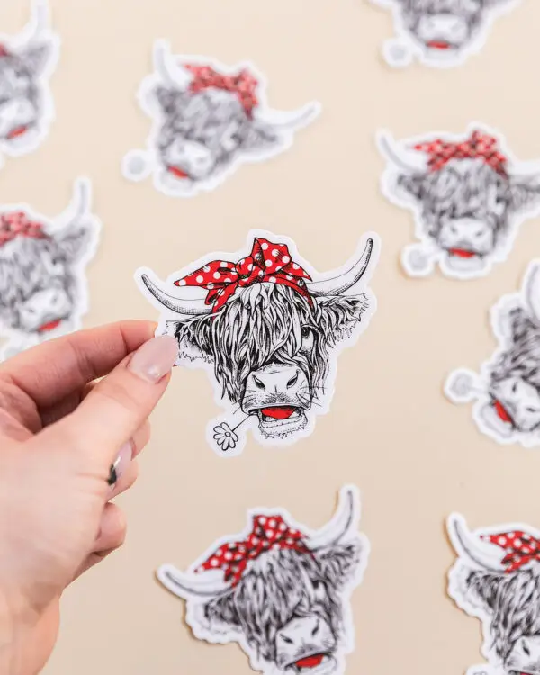 Chelsea Chatts Stickers: Highland Cow with red polka dot bow