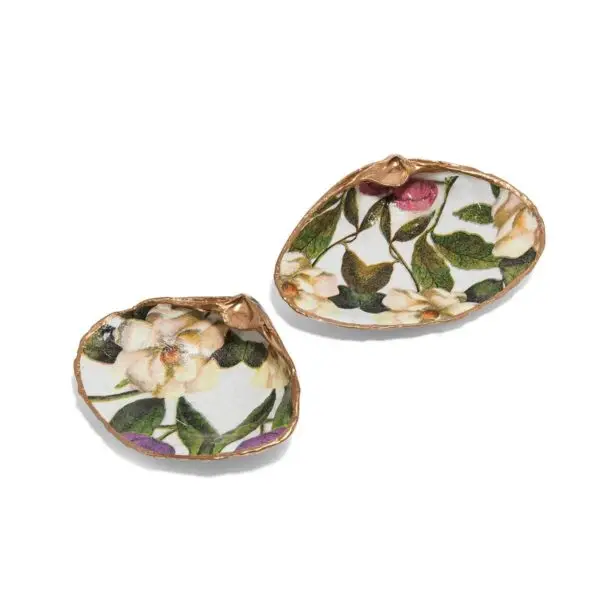 Sugar Magnolia Seashell Jewelry Dish with magnolia blooms and pink and purple floral accents